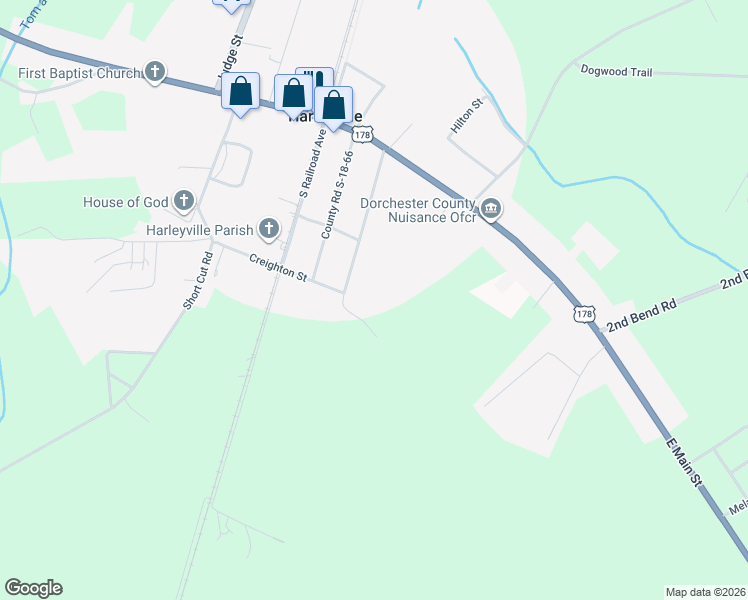map of restaurants, bars, coffee shops, grocery stores, and more near 197 County Road S-18-321 in Harleyville