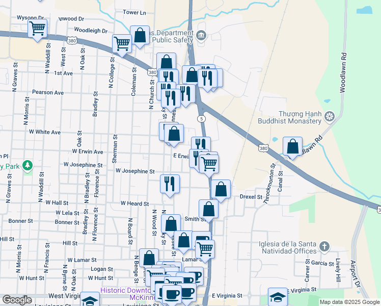 map of restaurants, bars, coffee shops, grocery stores, and more near 301 East Erwin Avenue in McKinney