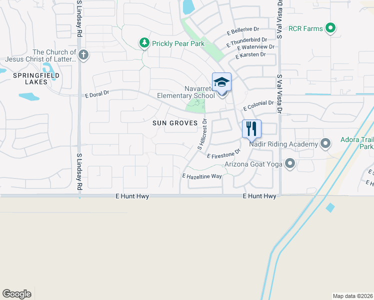 map of restaurants, bars, coffee shops, grocery stores, and more near 4555 East Peach Tree Drive in Chandler