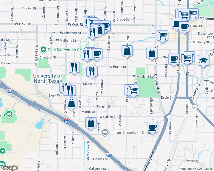 map of restaurants, bars, coffee shops, grocery stores, and more near 1112 Maple Street in Denton