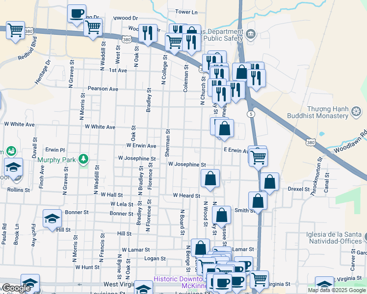 map of restaurants, bars, coffee shops, grocery stores, and more near 498 West Erwin Avenue in McKinney