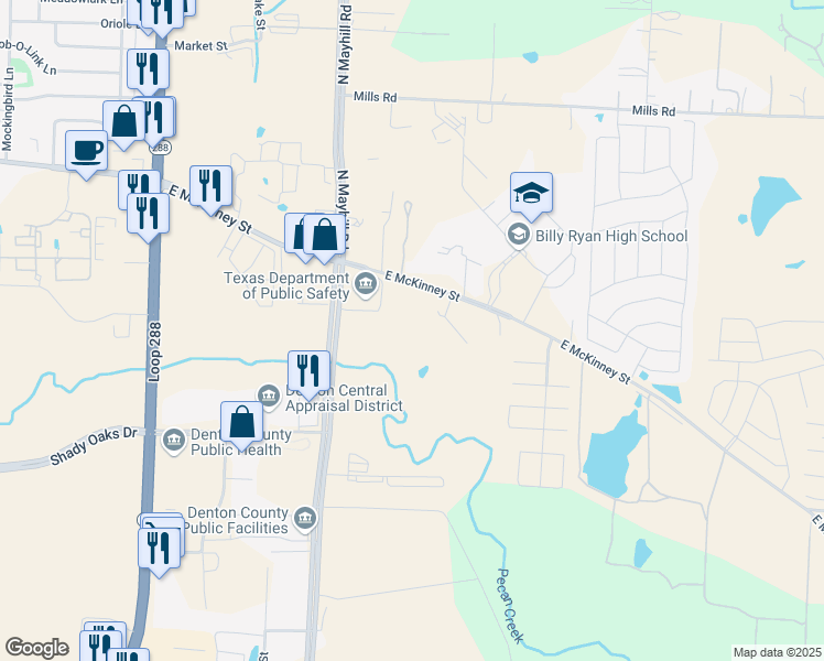 map of restaurants, bars, coffee shops, grocery stores, and more near 4700-5088 East McKinney Street in Denton