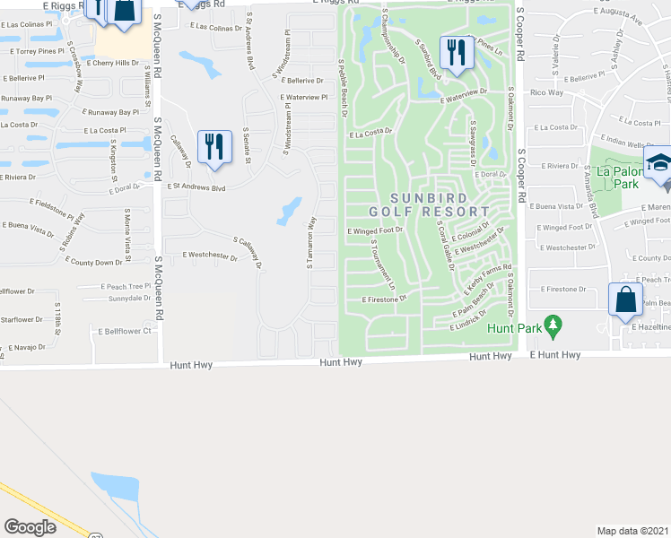 map of restaurants, bars, coffee shops, grocery stores, and more near 2411 County Down Drive in Chandler