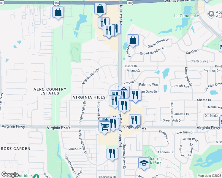 map of restaurants, bars, coffee shops, grocery stores, and more near 617 Newmarket Court in McKinney