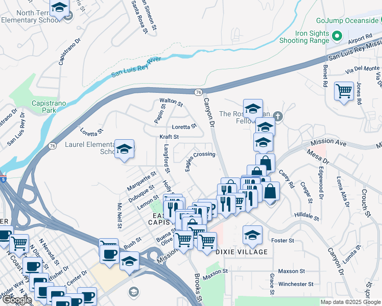 map of restaurants, bars, coffee shops, grocery stores, and more near 445 Ribbon Beach Way in Oceanside