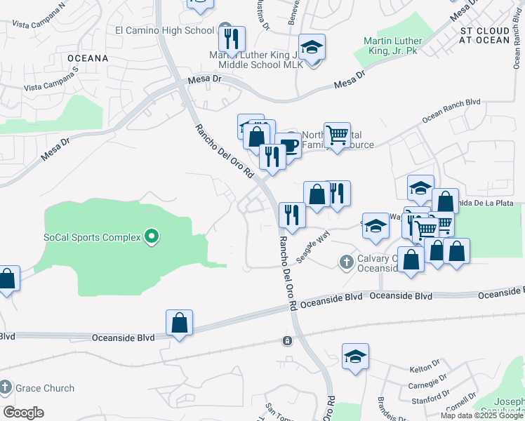 map of restaurants, bars, coffee shops, grocery stores, and more near 3502 Conner Way in Oceanside
