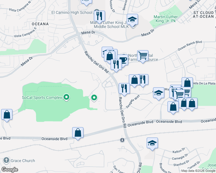 map of restaurants, bars, coffee shops, grocery stores, and more near 3502 Conner Way in Oceanside