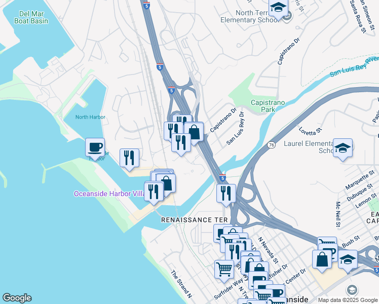 map of restaurants, bars, coffee shops, grocery stores, and more near 1421 North Coast Highway in Oceanside