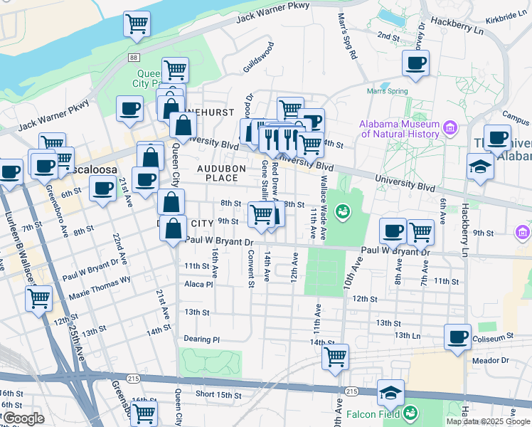 map of restaurants, bars, coffee shops, grocery stores, and more near 1305 8th Street in Tuscaloosa