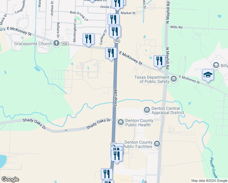 map of restaurants, bars, coffee shops, grocery stores, and more near Highway 288 Loop in Denton