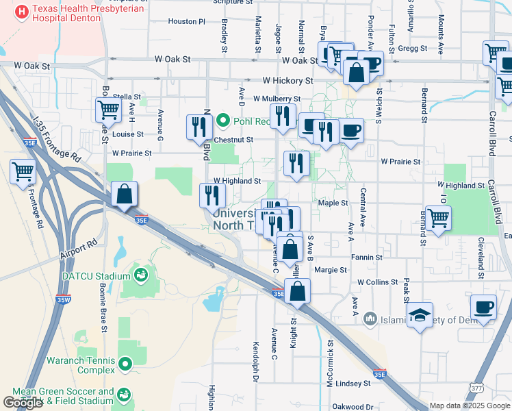 map of restaurants, bars, coffee shops, grocery stores, and more near Maple Street in Denton