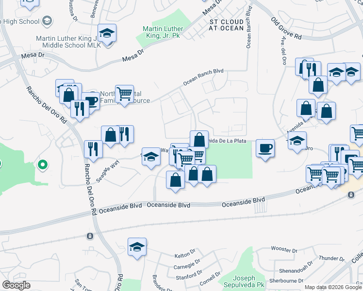 map of restaurants, bars, coffee shops, grocery stores, and more near 6555 Seagate Way in Oceanside