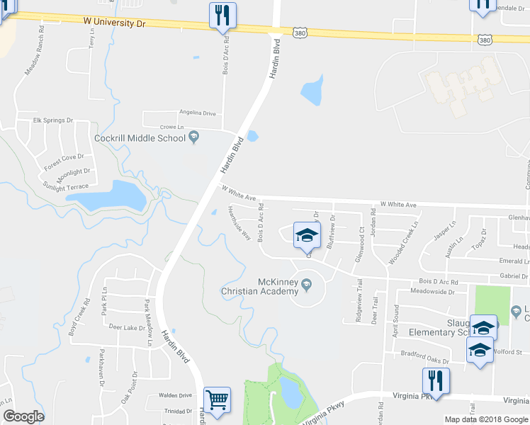 map of restaurants, bars, coffee shops, grocery stores, and more near 3607 Creekview Court in McKinney