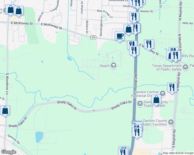map of restaurants, bars, coffee shops, grocery stores, and more near Duchess Drive in Denton