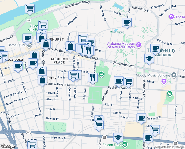 map of restaurants, bars, coffee shops, grocery stores, and more near 805 11th Avenue in Tuscaloosa