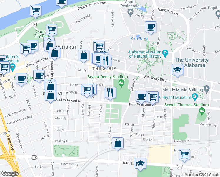 map of restaurants, bars, coffee shops, grocery stores, and more near 803 11th Avenue in Tuscaloosa