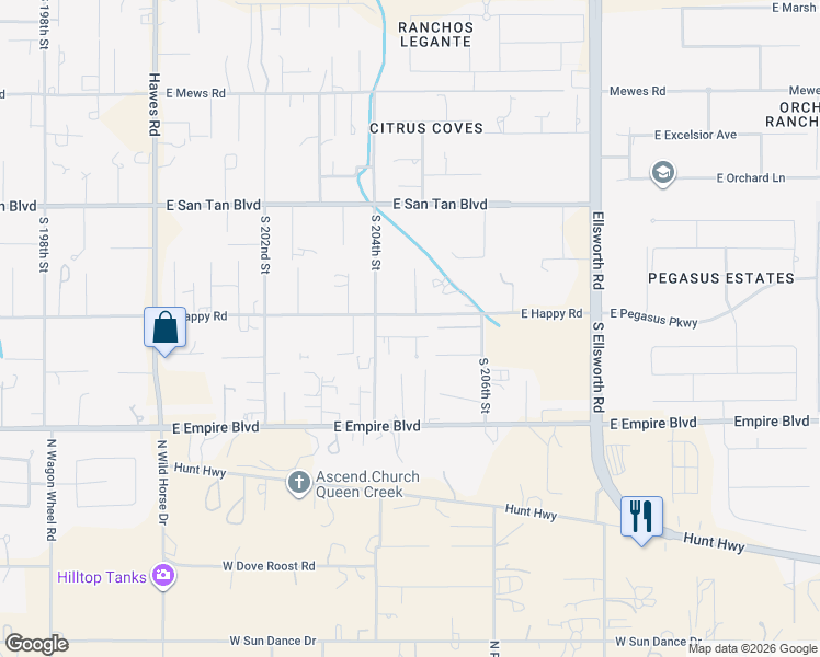 map of restaurants, bars, coffee shops, grocery stores, and more near 20432 East Firestone Drive in Queen Creek