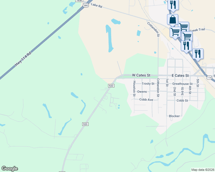 map of restaurants, bars, coffee shops, grocery stores, and more near 142 Farm to Market 920 in Bridgeport