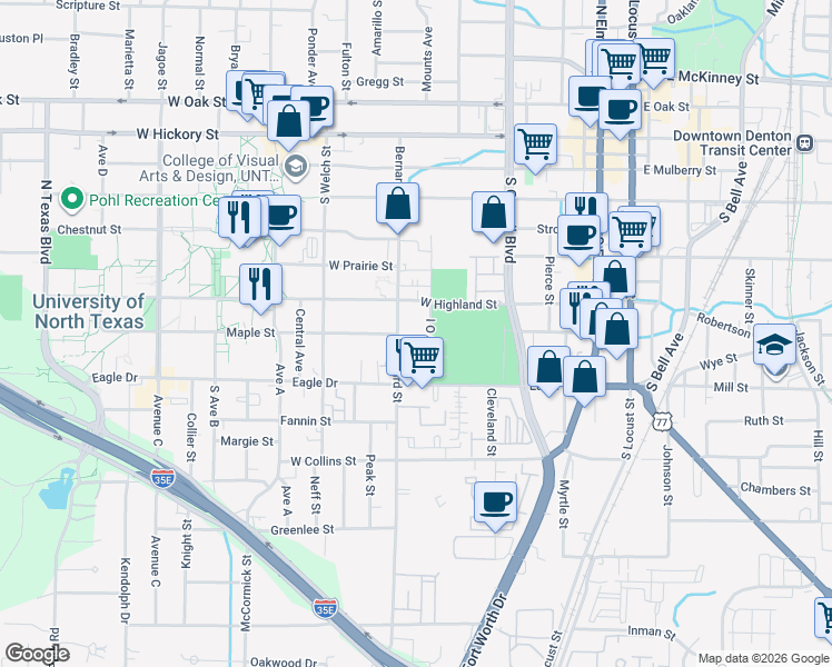 map of restaurants, bars, coffee shops, grocery stores, and more near 627 Bernard Street in Denton