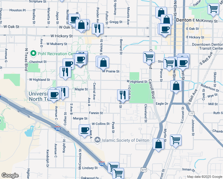 map of restaurants, bars, coffee shops, grocery stores, and more near Maple Street in Denton