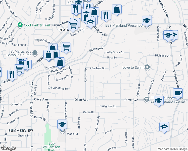 map of restaurants, bars, coffee shops, grocery stores, and more near 2729 Amberwood Drive in Oceanside