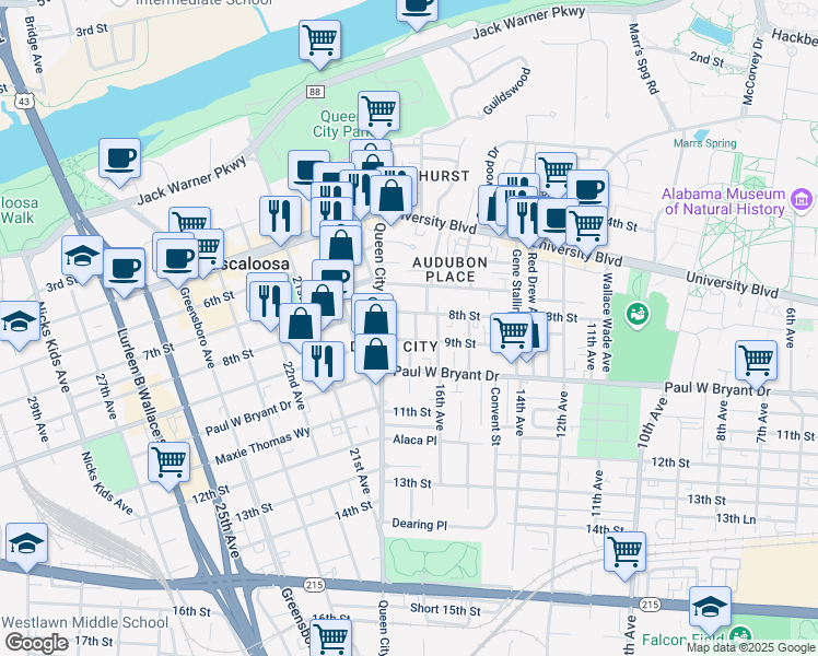 map of restaurants, bars, coffee shops, grocery stores, and more near 810 17th Avenue in Tuscaloosa