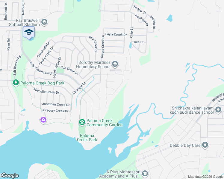 map of restaurants, bars, coffee shops, grocery stores, and more near Rivers Creek Lane in Denton County