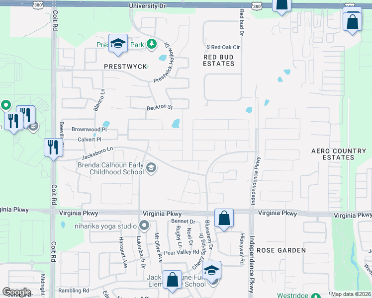 map of restaurants, bars, coffee shops, grocery stores, and more near 709 Dickens Drive in McKinney