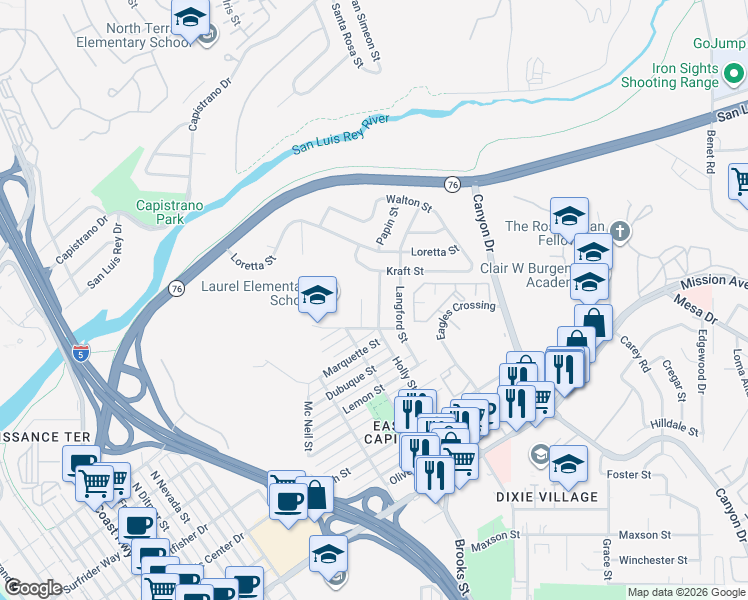 map of restaurants, bars, coffee shops, grocery stores, and more near 1223 Holly Street in Oceanside