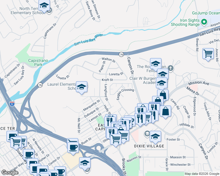 map of restaurants, bars, coffee shops, grocery stores, and more near 430 Stoney Point Way in Oceanside