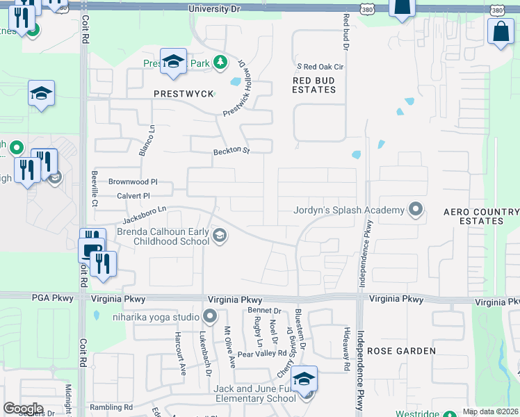 map of restaurants, bars, coffee shops, grocery stores, and more near 709 Dickens Drive in McKinney