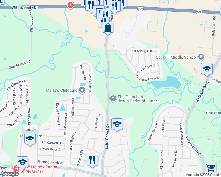 map of restaurants, bars, coffee shops, grocery stores, and more near 1102 Lake Forest Drive in McKinney