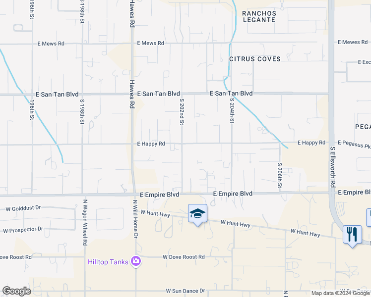 map of restaurants, bars, coffee shops, grocery stores, and more near 26409 South 202nd Street in Queen Creek