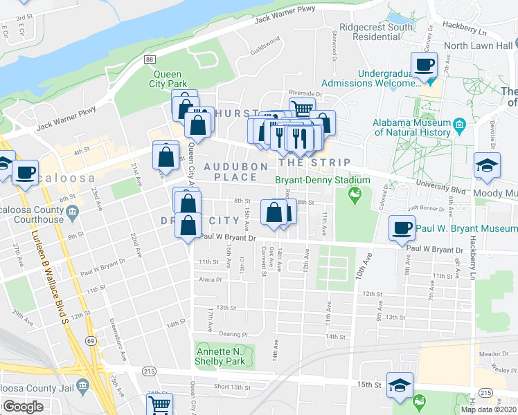 map of restaurants, bars, coffee shops, grocery stores, and more near 1417 8th Street in Tuscaloosa