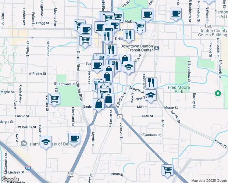map of restaurants, bars, coffee shops, grocery stores, and more near 619 South Locust Street in Denton