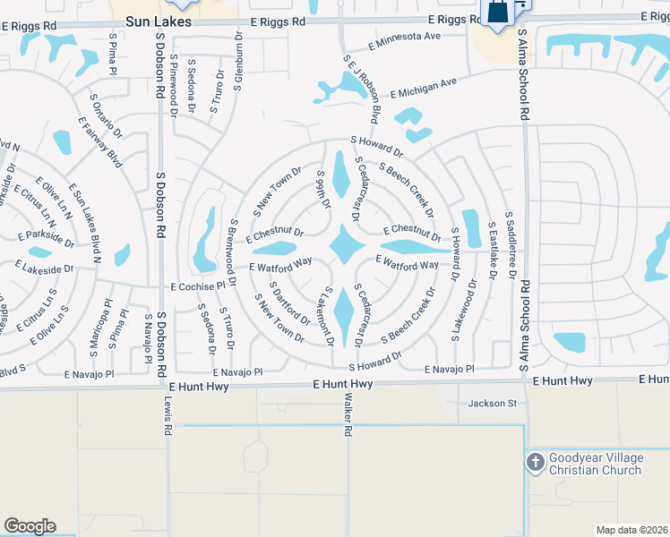 map of restaurants, bars, coffee shops, grocery stores, and more near 26206 South Cedarcrest Drive in Sun Lakes