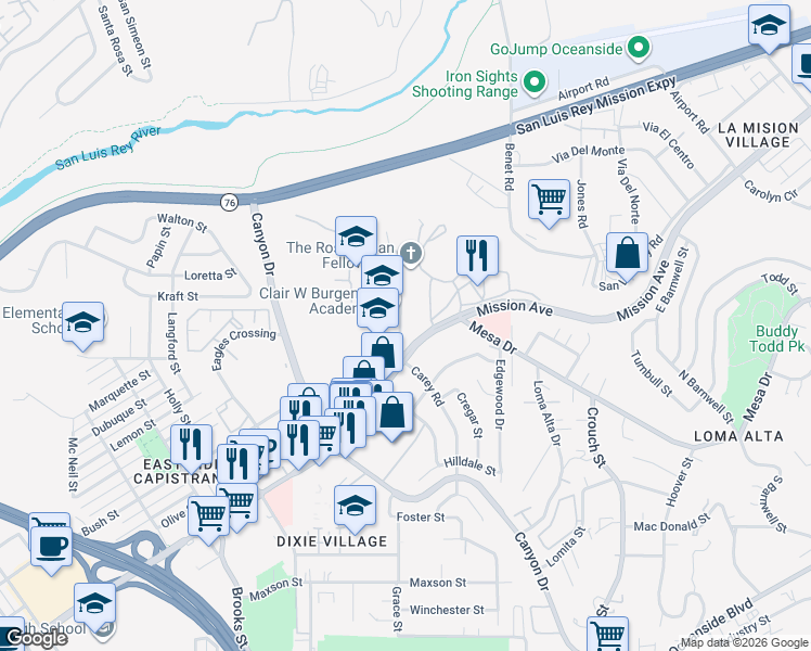 map of restaurants, bars, coffee shops, grocery stores, and more near 700 Carey Road in Oceanside