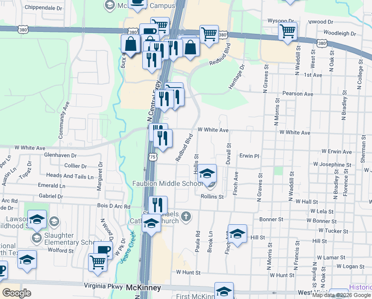 map of restaurants, bars, coffee shops, grocery stores, and more near McKinney Bridge Road in Pilot Point
