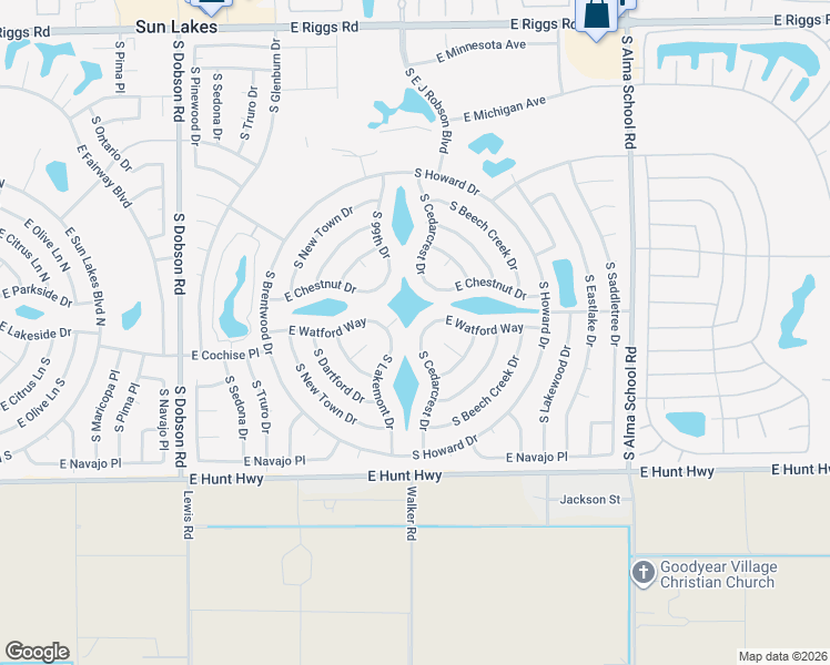 map of restaurants, bars, coffee shops, grocery stores, and more near 26206 South Cedarcrest Drive in Sun Lakes
