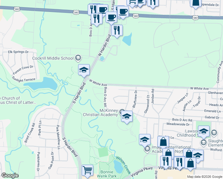 map of restaurants, bars, coffee shops, grocery stores, and more near 3601 Creekview Court in McKinney