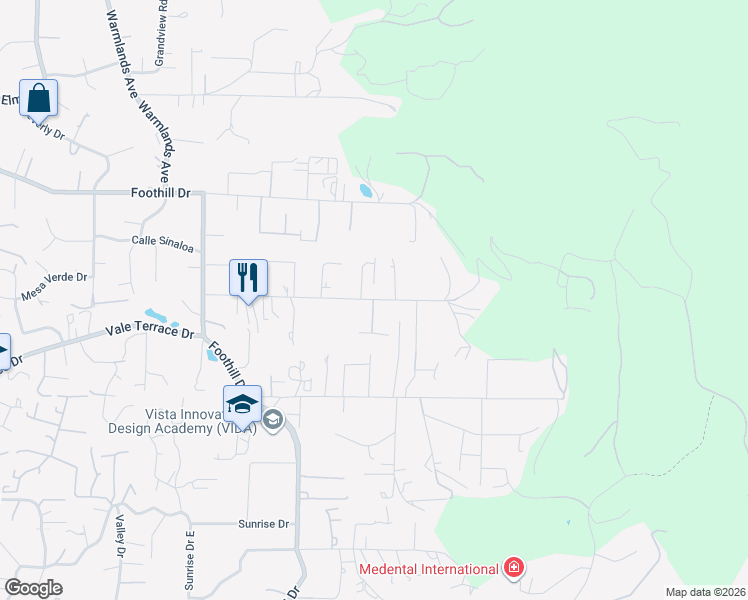 map of restaurants, bars, coffee shops, grocery stores, and more near Catalina Avenue in Vista