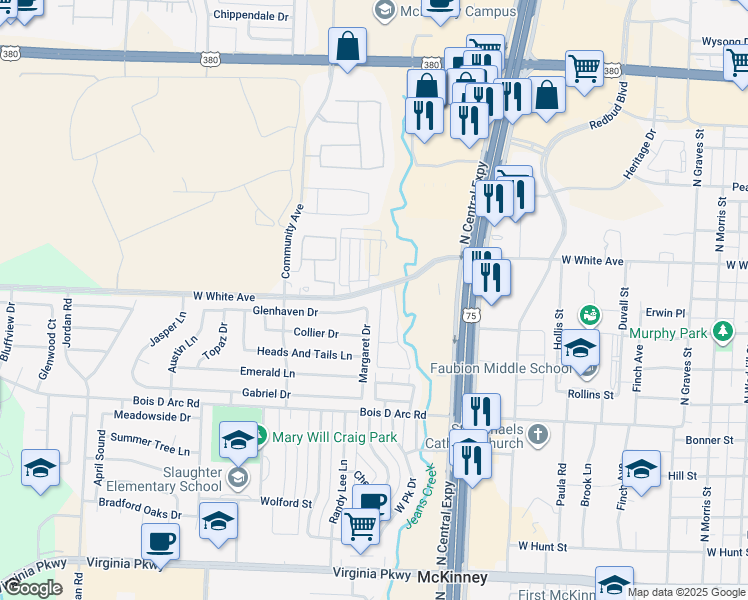 map of restaurants, bars, coffee shops, grocery stores, and more near 2300 Glenhaven Drive in McKinney