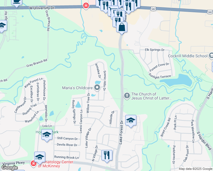 map of restaurants, bars, coffee shops, grocery stores, and more near 1200 Scenic Hills Drive in McKinney