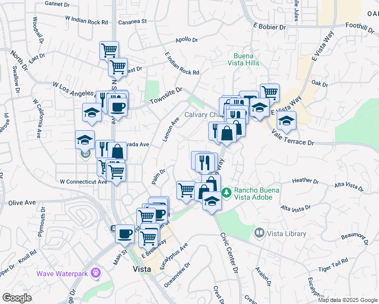 map of restaurants, bars, coffee shops, grocery stores, and more near 328 Hillside Court in Vista