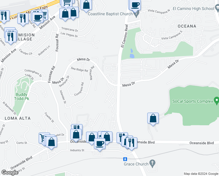map of restaurants, bars, coffee shops, grocery stores, and more near in Oceanside