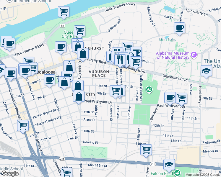 map of restaurants, bars, coffee shops, grocery stores, and more near 1419 8th Street in Tuscaloosa