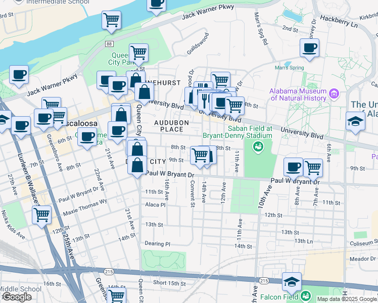 map of restaurants, bars, coffee shops, grocery stores, and more near 1419 8th Street in Tuscaloosa