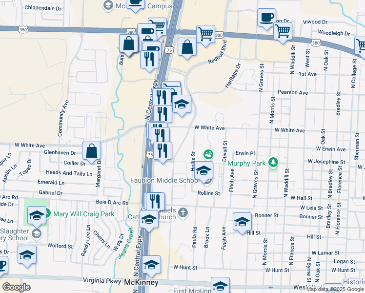 map of restaurants, bars, coffee shops, grocery stores, and more near 12 Redbud Boulevard in McKinney