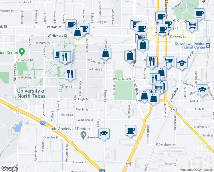 map of restaurants, bars, coffee shops, grocery stores, and more near 626 Bernard Street in Denton