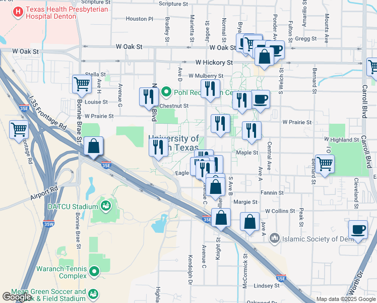 map of restaurants, bars, coffee shops, grocery stores, and more near Maple Street in Denton